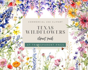 May include: A digital illustration of a collection of watercolor Texas wildflowers, including bluebonnets, Indian paintbrush, and other wildflowers. The image is labeled "Texas Wildflowers clipart pack 47 transparent PNGs".