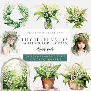 Clipart muguet : mariage et fleurs printanières PNG - téléchargement numérique pour créations, fleurs de printemps, aquarelles de fleurs blanches