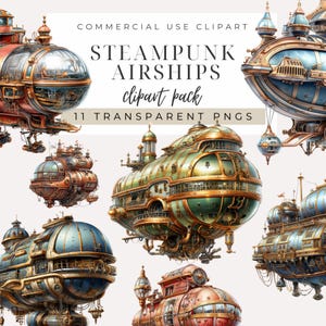 Steampunk Mechanische Luftschiffe Clipart INSTANT DOWNLOAD Vintage Luftschiff Grafiken, Retro futuristische Kunst, Steampunk Dekor für Kunsthandwerk, Designs