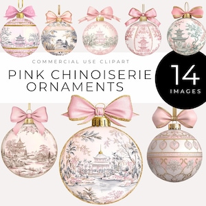 Roze chinoiserie ornament clipart INSTANT DOWNLOAD Pagode kerstdecor, elegante toile vakantie digitale kunst, romantische afdrukbare kerstballen, romantische afdrukbare kerstballen png