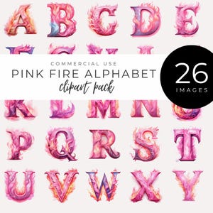 Clipart alphabet feu, téléchargement immédiat, typographie de lettres fantastiques aquarelle rose, oeuvre d'art monogramme pour mariages, fêtes, scrapbooking, travaux manuels