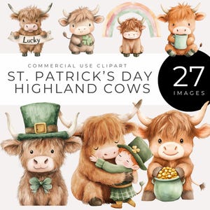 Puede incluir: Un conjunto de 27 ilustraciones digitales con adorables vacas de las Tierras Altas en varias poses con temática del Día de San Patricio. Las vacas llevan sombreros de trébol, sostienen ollas de oro y abrazan a un duende. El texto "Lucky" está en una pancarta que sostiene una de las vacas.