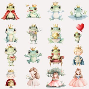 Pu&ograve; includere: Un set di 14 illustrazioni ad acquerello con rane che indossano corone, alcune con fiori, un palloncino a forma di cuore e una scatola regalo. Ci sono anche illustrazioni di un principe e due principesse.
