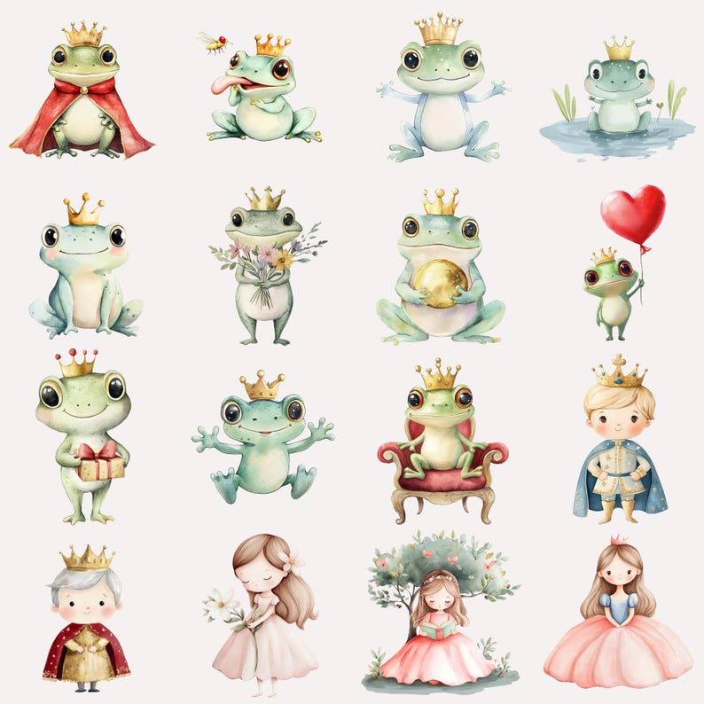 Pu&ograve; includere: Un set di 14 illustrazioni ad acquerello con rane che indossano corone, alcune con fiori, un palloncino a forma di cuore e una scatola regalo. Ci sono anche illustrazioni di un principe e due principesse.