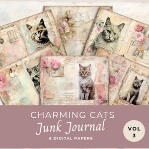 Charming cat Junk Journal Papers vol 3, pages de scrapbooking fantaisie, 6 pages de journal numérique, éphémères imprimables, feuille de collage 11 x 8,5, JJ008