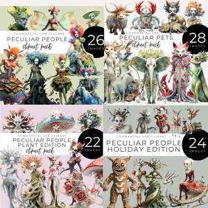 May include: A collection of digital clipart packs featuring fantastical creatures and characters. The packs include "Peculiar People," "Peculiar Pets," "Plant Edition," and "Holiday Edition," each with a different number of images. The images showcase unique designs and themes.