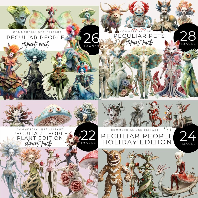 May include: A collection of digital clipart packs featuring fantastical creatures and characters. The packs include "Peculiar People," "Peculiar Pets," "Plant Edition," and "Holiday Edition," each with a different number of images. The images showcase unique designs and themes.