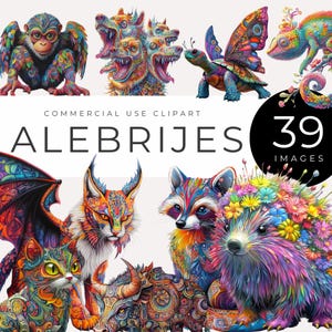 Alebrije Clipart DESCARGA INSTANTÁNEA Criaturas míticas, arte animal con grafitis coloridos, decoración popular bohemia, estampados de animales de fantasía, inspiración mexicana