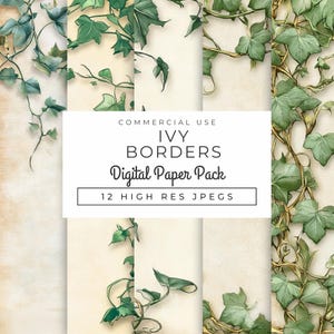 Ivy Border Digital Papers, Instant Download, Vintage Botanical Backgrounds, Junk Journal Paper, Antique Parchment, Cottagecore Stationery