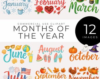 Months Of The Year Clipart, Seasonal Calendar Graphics, Planner Stickers, Classroom Bulletin Board Decor, Printable Teacher Image Resources