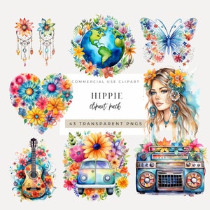 Clipart hippie TÉLÉCHARGEMENT IMMÉDIAT Graphismes bohèmes, rétro et groovy, images de camionnettes, fleurs, signes de paix, plumes et plus encore ! PNG transparent