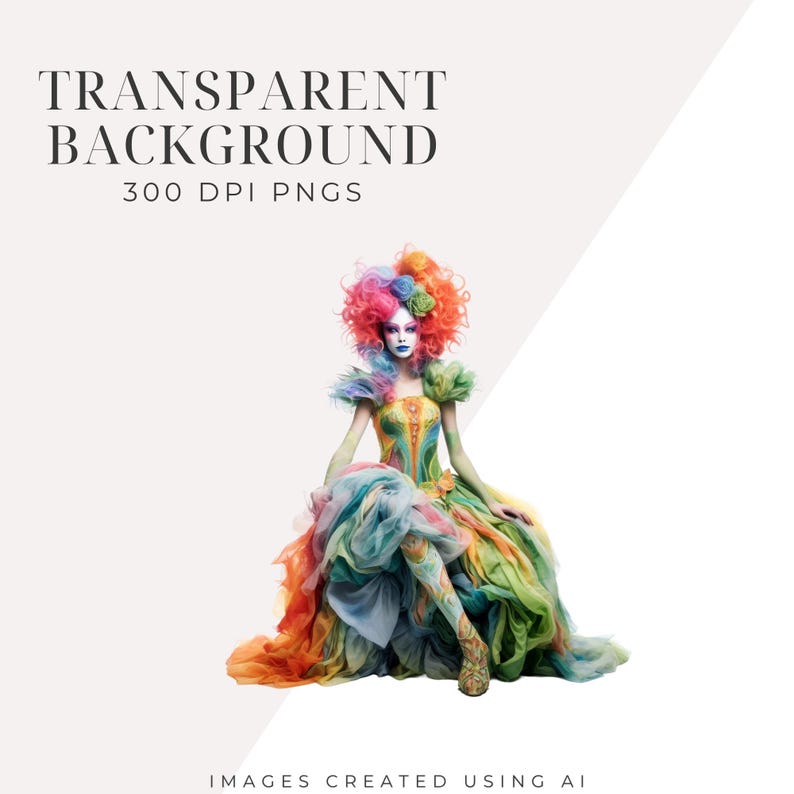 May include: A person in a colorful, flowing gown with a rainbow-colored wig and makeup. The image includes the text "TRANSPARENT BACKGROUND 300 DPI PNGS" and "IMAGES CREATED USING AI". The dress features shades of green, blue, orange, and yellow.