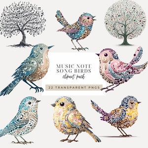 Descarga instantánea de imágenes prediseñadas de pájaros musicales, ilustraciones de pájaros cantores extravagantes, diseños de pájaros con partituras, imágenes prediseñadas con temática musical, uso comercial