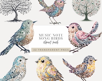 Musical Bird Clipart INSTANT DOWNLOAD Whimsical Songbird Illustrations, Sheet Music Birds Designs Music-Themed Clipart, Commercial Use