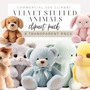 Pacote de clipart de animais de pelúcia - DOWNLOAD INSTANTÂNEO - Elefante, gato, cachorro, cavalo, urso e macaco; decoração de berçário, chás de bebê, artesanato infantil