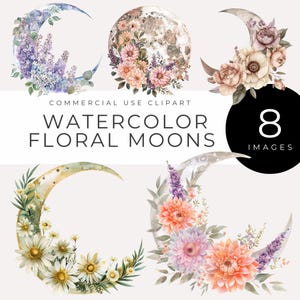 Clipart de lua floral em aquarela, rosas, peônias, lavanda, margaridas, camomila, arte de berçário boho, decoração lunar botânica, download digital