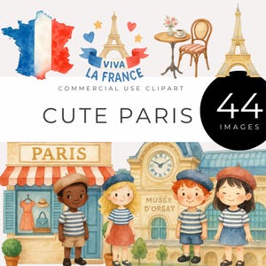Cute Paris Clipart, Instant Download, Watercolor France Landmarks, French Kids, Eiffel Tower, Baguette, Shops Images for Scrapbooks, Decor