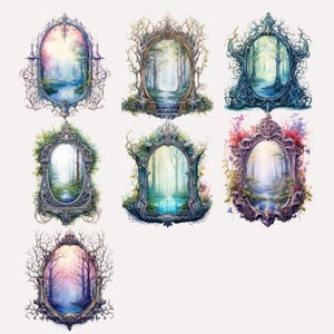 May include: Nine ornate, decorative frames with a whimsical, fairytale theme. Each frame features a different colour palette and intricate details, showcasing a view of a magical forest with a winding path and a stream.