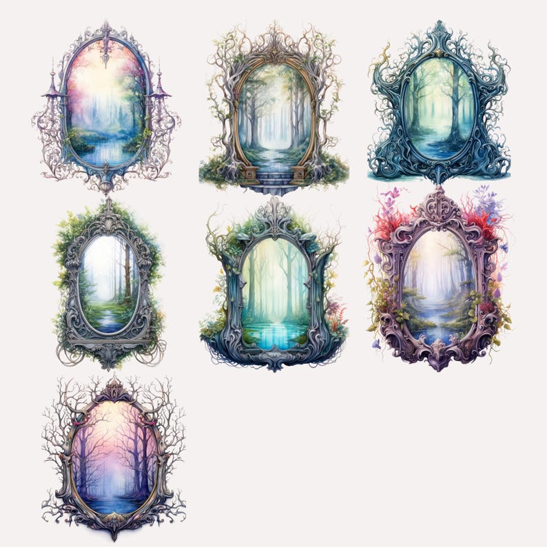 May include: Nine ornate, decorative frames with a whimsical, fairytale theme. Each frame features a different colour palette and intricate details, showcasing a view of a magical forest with a winding path and a stream.