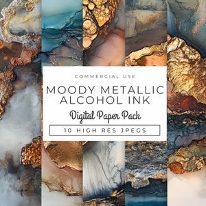 Stimmungsvolle Alkohol Tinte Digitales Papier, sofortiger Download, luxuriöse abstrakte Kunst mit metallischen Akzenten für Scrapbooking, Einladungen, Bastelprojekte