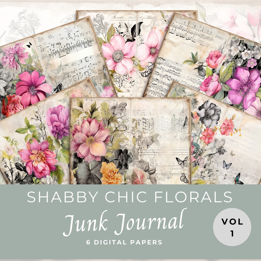 Shabby Chic Floral Junk Journal Papers, Scrapbook Pages, 6 Digital ...