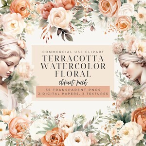 Terrakotta Blumen Clipart SOFORTIGER DOWNLOAD Aquarellblumen für Herbsthochzeiten - Boho-Sträuße & botanische Kränze, Rahmen und Texturen