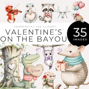 Valentine on the Bayou clipart INSTANT DOWNLOAD Schattige aquarel moerasdieren, romantische zuidelijke thema's, Wildlife Heart, ambacht, kaart, uitnodigen