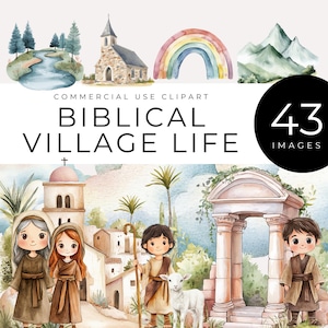Imágenes prediseñadas de la vida bíblica en acuarela, descarga instantánea, pueblos antiguos, animales, escenas bíblicas, arte cristiano para la escuela dominical y la educación en casa.