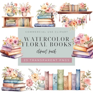Libro de acuarela floral (descarga instantánea). Amante de los libros (PNG), libros con flores, clipart de flores, creación de tarjetas, uso comercial, gráficos de alta resolución.