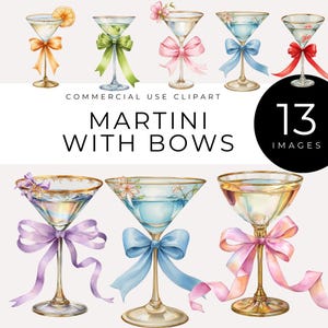 Martiniglas met strik clipart, instant download, aquarel cocktail png drankje, barmenu kunst, happy hour graphics, zomerfeest kleur decor