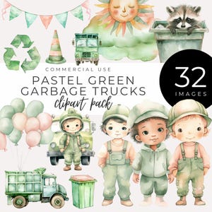 Aquarell Müllauto Clipart, INSTANT DOWNLOAD Niedliche Kinder, Geburtstagskuchen & Recycling Bilder, Texturen, für Party Einladungen, Scrapbooking