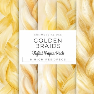 May include: Digital paper pack featuring a repeating pattern of golden braids. The image includes the text "COMMERCIAL USE GOLDEN BRAIDS Digital Paper Pack 8 HIGH RES JPEGS". The background is a mix of light and dark gold.