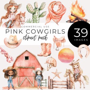 Clipart cow-girl rose TÉLÉCHARGEMENT IMMÉDIAT Illustrations aquarelles de jolies filles western, art pour chambre d'enfant, décoration de fête rodéo, graphiques country western