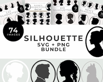 Silhouette Clipart in Oval Frame Bundle, Elegant Woman, Man, Kid and Cat Outlines, Vintage Cameo Style Decor, Classic Portrait SVGs & PNGs