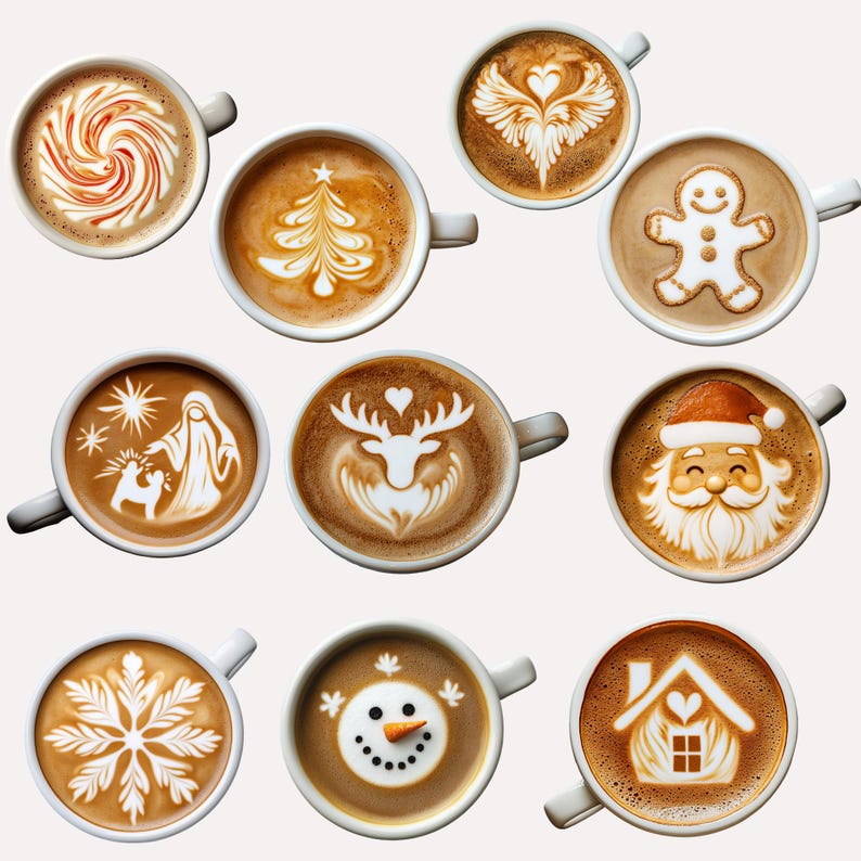 Christmas Latte Art Clipart INSTANT DOWNLOAD Santa, Snowman, Reindeer ...