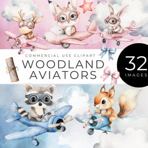 Aviador del bosque, descarga instantánea, acuarela, animales salvajes en aviones, viajes, estrellas y nubes para baby showers, decoración de guardería