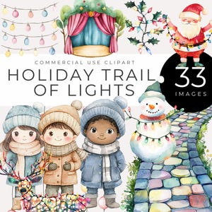 Puede incluir: Una ilustración de acuarela de un sendero de luces navideñas con 33 imágenes. La ilustración presenta un muñeco de nieve, un camino, un escenario, un reno y tres niños con ropa de invierno.