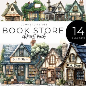 Bookshop Clipart SOFORTIGER DOWNLOAD Aquarell Vintage Buchliebhaber Clipart, schrullige gemütliche Buchläden für Booksgram, Scrapbooking, Party-Einladungen