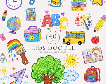 May include: A collection of colorful crayon-style digital illustrations featuring school-themed icons like a clock, scissors, books, a globe, a school bus, a tree, a backpack, and the text "40 IMAGES KIDS DOODLE COMMERCIAL USE CLIPART".