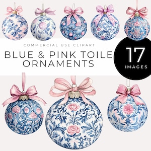 Ornamento in tela blu e rosa Clipart DOWNLOAD IMMEDIATO Arte digitale di Natale in stile cinese, eleganti palline per le feste, album di ritagli fai da te floreale vintage