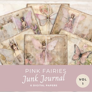 Pink Fairy Junk Journal Papers vol 1, Pagine di album fantasy, 6 pagine di diario digitale, Effimeri stampabili, Foglio Collage 11 x 8,5, JJ010