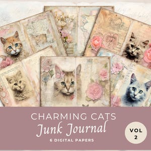 Charming Cat Junk Journal Papers vol 2, Pagine di album fantasy, 6 pagine di diario digitale, Effimeri stampabili, Foglio di collage 11 x 8,5, JJ008