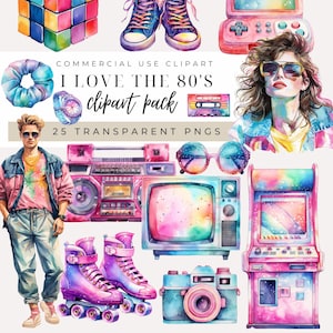 May include: A digital clipart pack with a retro 80s theme. The pack includes images of roller skates, a boombox, a television, a video game, a camera, sunglasses, a scrunchie, a watch, a cassette tape, and a Rubik's cube. The images are all in a watercolour style with a rainbow colour scheme.