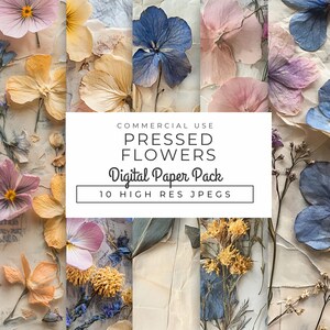 Geperste bloemen digitaal papier, direct downloaden, vintage botanische achtergronden, ongewenste dagboekpagina's, shabby chic plakboek, natuur bloemen