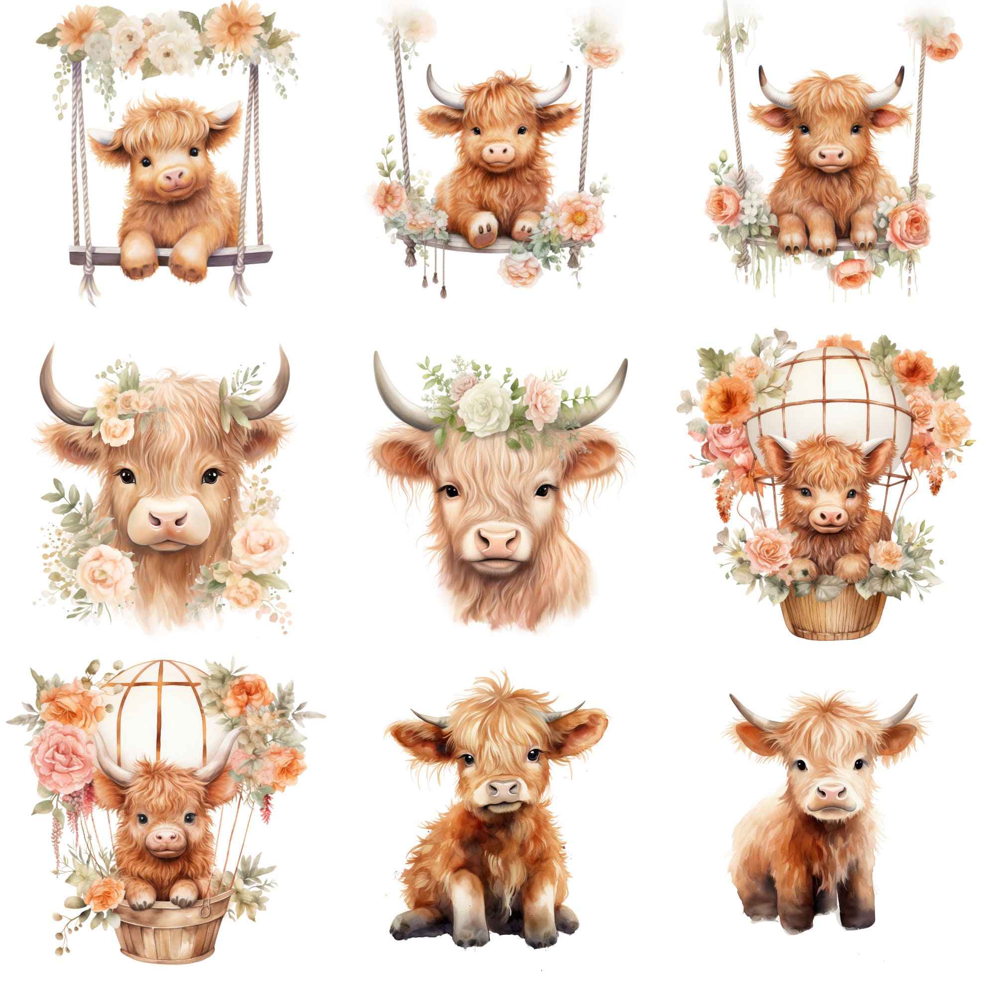 Watercolor Baby Highland Cows INSTANT DIGITAL DOWNLOAD Farm Animals ...