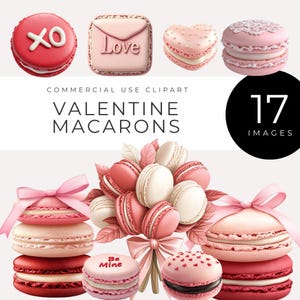 Valentijnsdag macaron-clipart, romantische dessertafbeeldingen, harttraktaties, dessertboeketten, perfect voor kaarten, uitnodigingen en digitale projecten