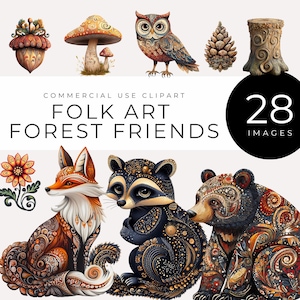 Art folklorique des cliparts animaux de la forêt, téléchargement immédiat, amis de la forêt lunatique, graphiques rustiques de la nature d'automne, champignons cottagecore, automne