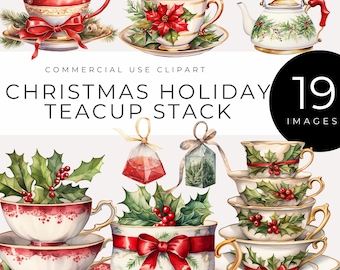 May include: A set of 19 watercolor illustrations featuring Christmas teacups, teapots, and tea bags. The teacups are decorated with holly, poinsettias, and red bows. The teapots are decorated with holly and gold accents. The tea bags are decorated with holly and red or green accents.