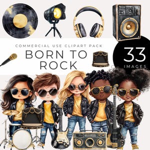 Imágenes prediseñadas de Born to Rock, descarga instantánea, niños geniales de rockstar PNG, gráficos de festivales de música en acuarela, imágenes artísticas de guitarra, música y micrófono