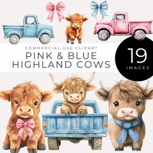 Bonitas vacas de las Tierras Altas de color rosa y azul con lazos coquetos, descarga instantánea, imágenes de animales de granja en acuarela para decoración y manualidades de guardería